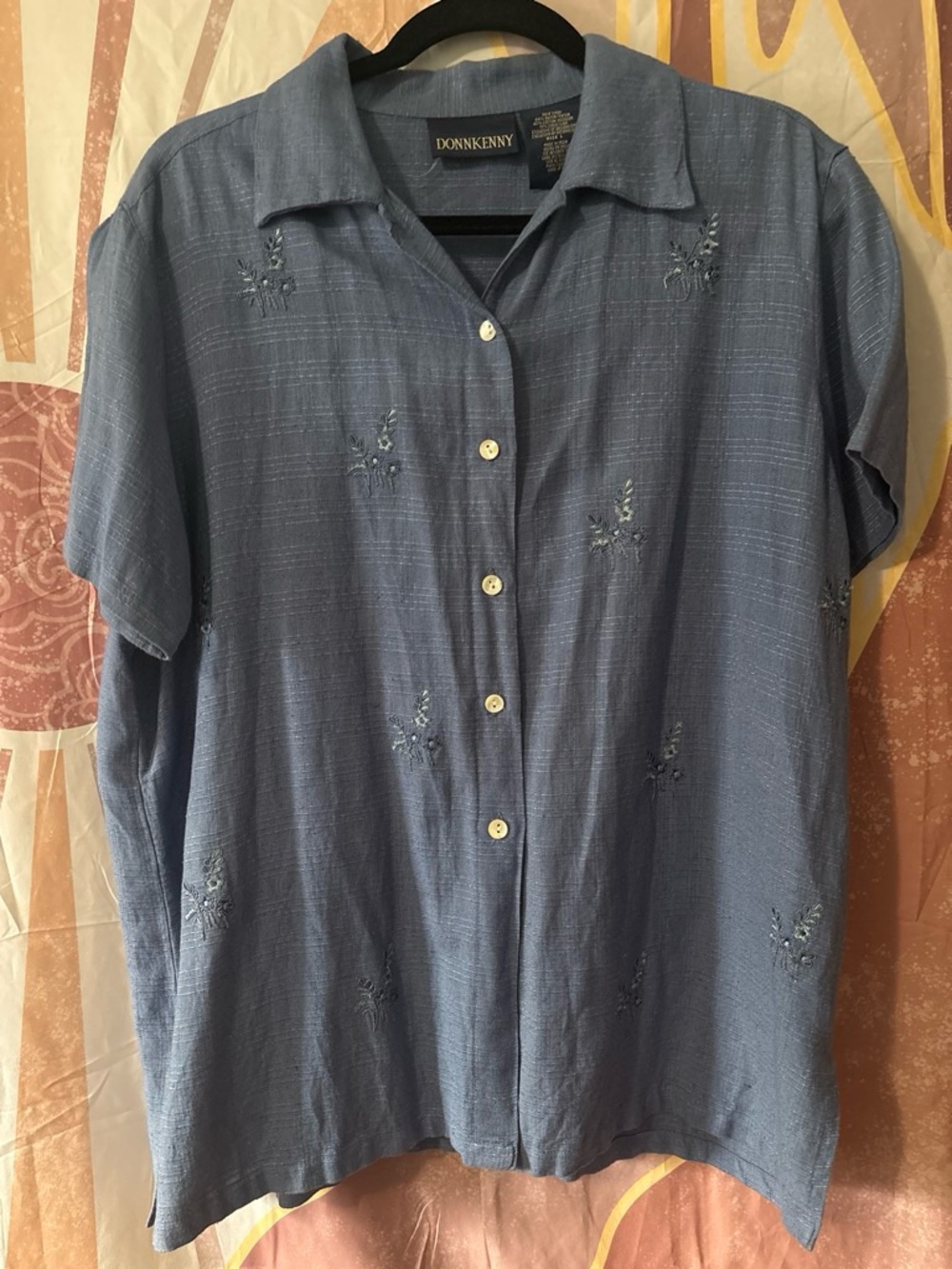 Donnkenny Women's Slate Blue Short Sleeve Button-Down Shirt embroidered blue too